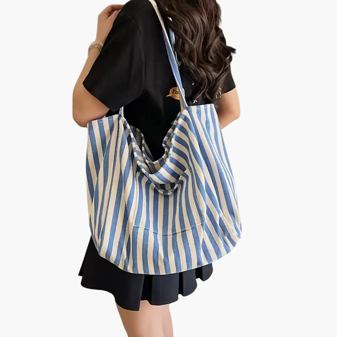 Women's shoulder bag, blue and white striped fabric tote with large capacity