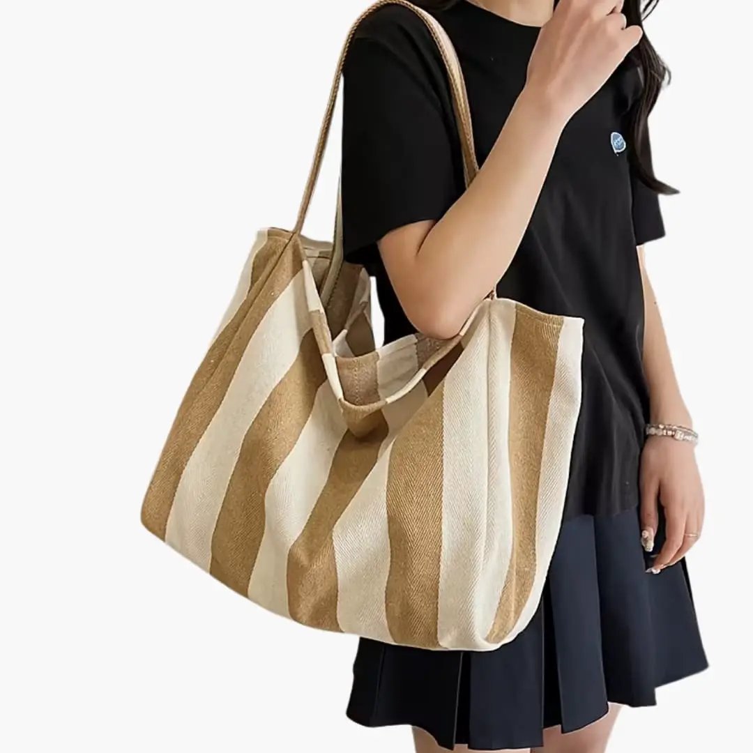 Women's shoulder bag with striped beige pattern and large capacity