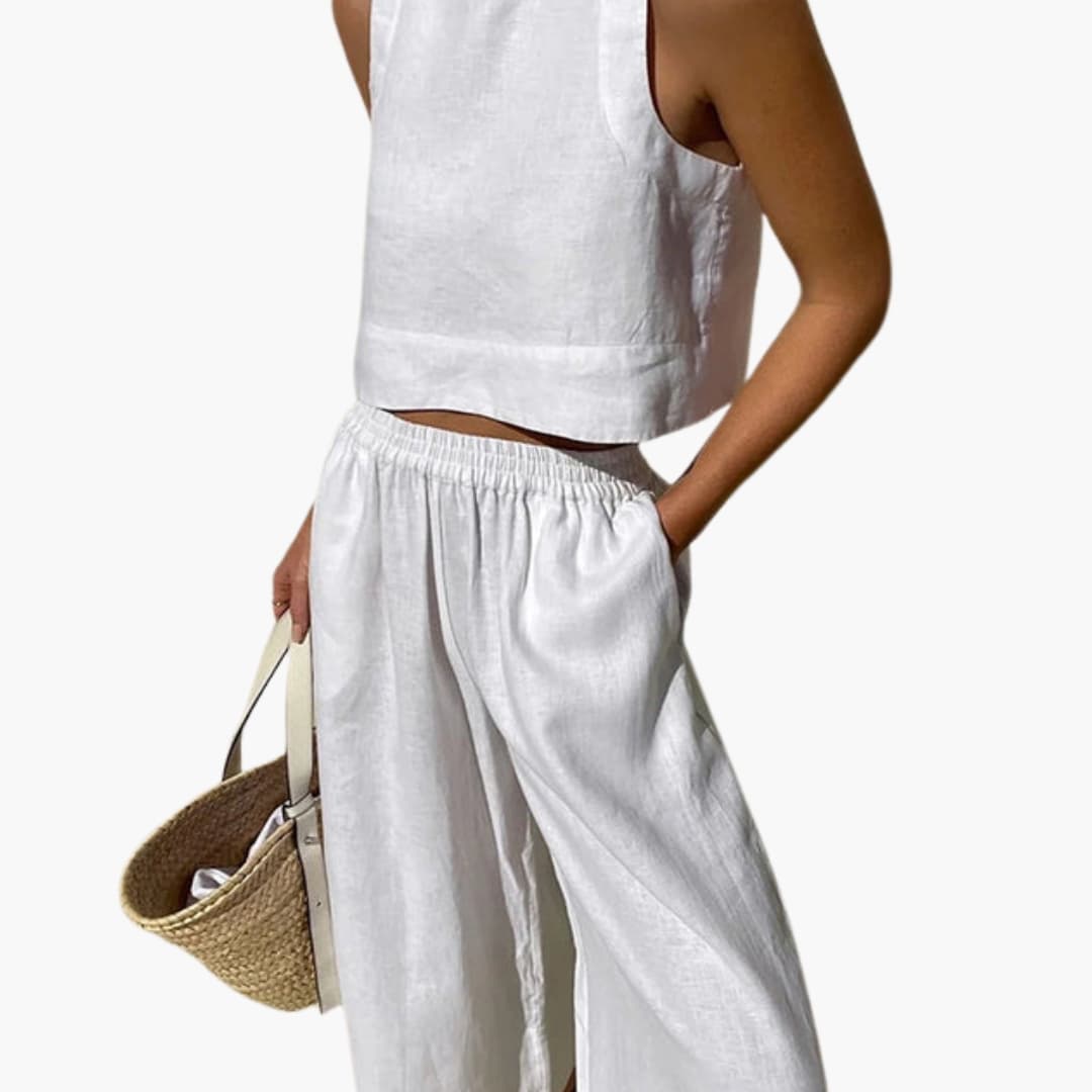 Women’s Sleeveless Crop Top and Wide-Leg Pants Two-Piece Outfit in White Linen