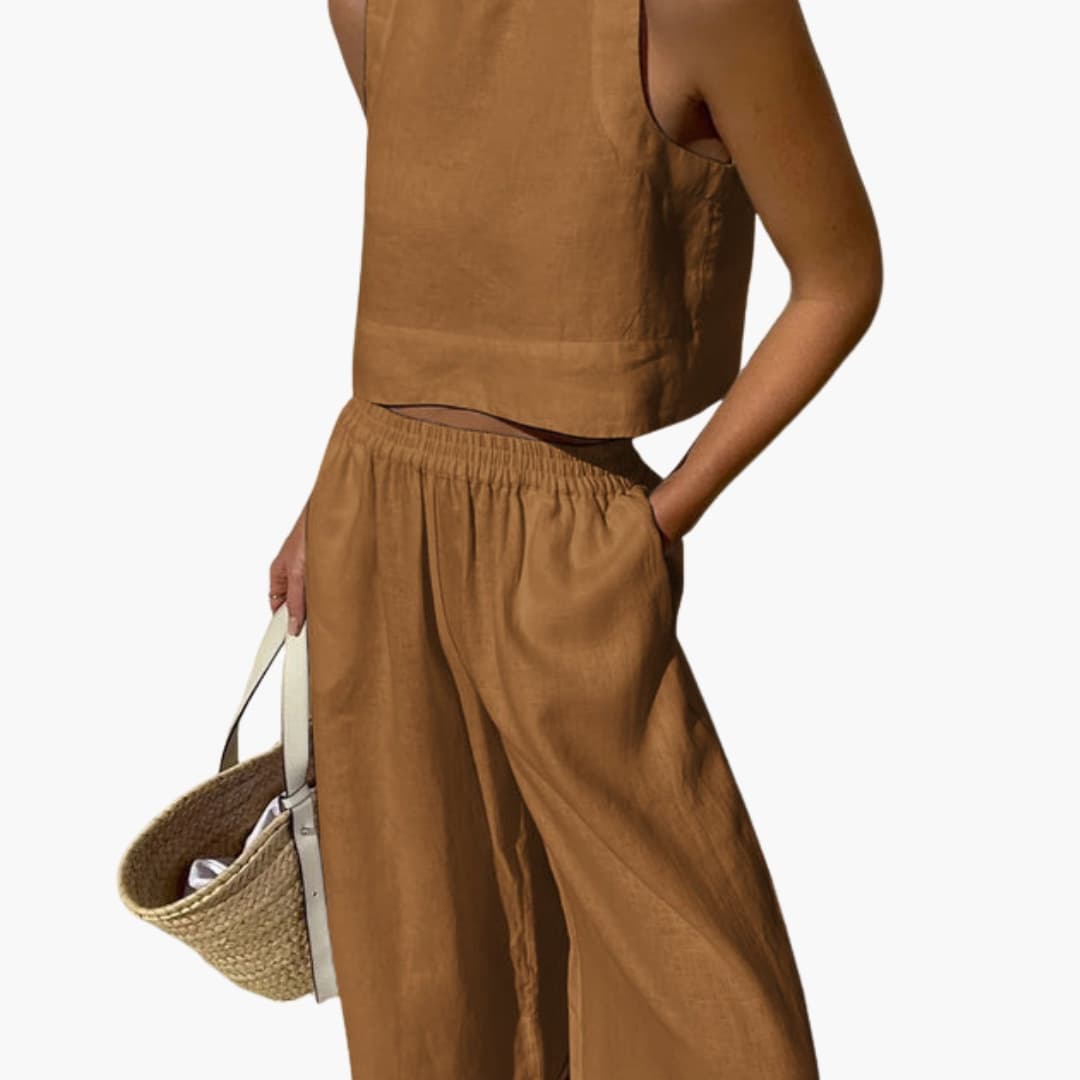 Women’s sleeveless crop top and wide-leg pants two-piece set by Wilfred Smith in tan linen