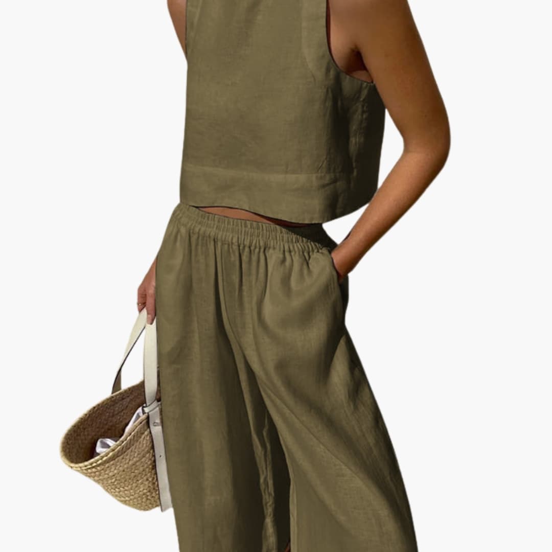Women’s Sleeveless Crop Top and Wide-Leg Pants Set, olive, two-piece outfit.