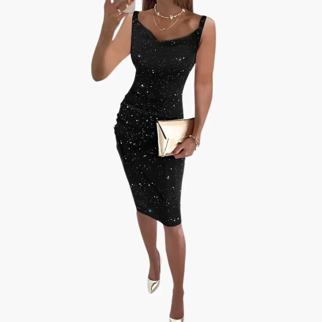Women’s sleeveless dress with glitter surface, black knee-length, sparkly fabric.