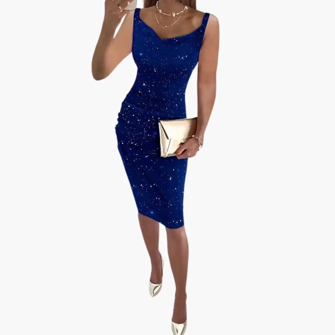 Women’s sleeveless dress in royal blue with glitter surface; knee-length bodycon fit.