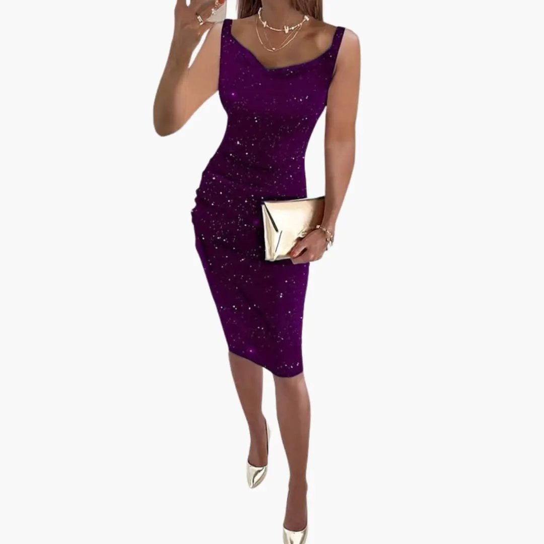 Women's sleeveless knee-length dress in purple glitter fabric by Wilfred Smith