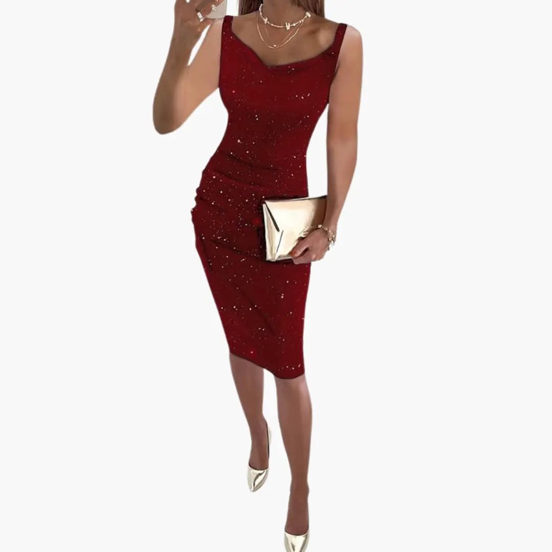 Women's sleeveless dress by Wilfred Smith in red glitter finish, knee-length