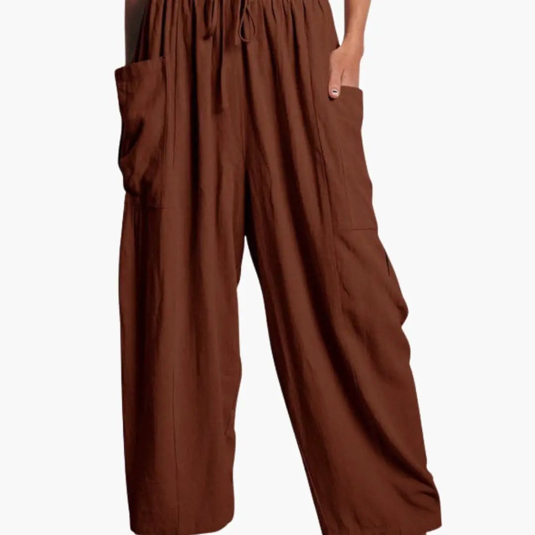 Women's brown wide-leg cargo pants with drawstring waist and large pockets