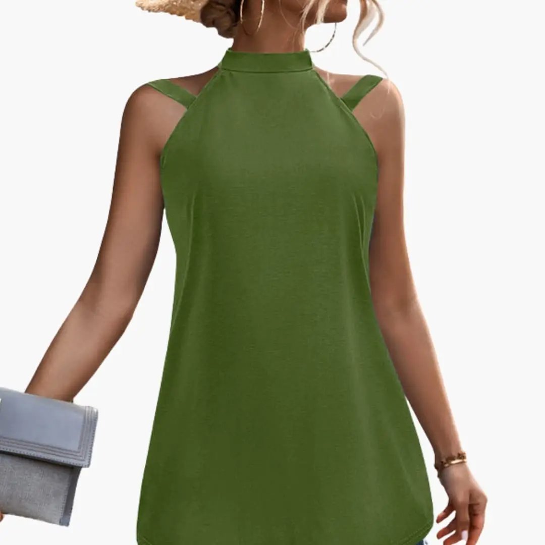 Women's sleeveless high-neck tunic top by Wilfred Smith, olive green