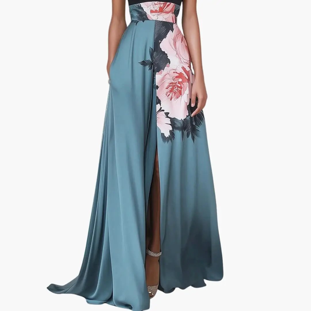 Women’s Maxi Dress by Wilfred Smith, sleeveless teal gradient with pink floral side panel and side slit
