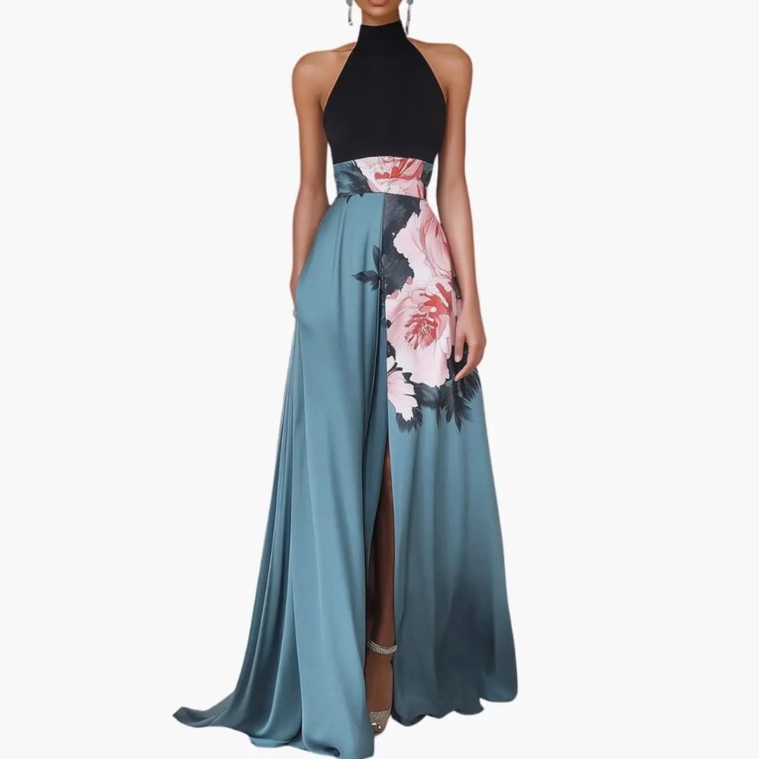 Women’s Sleeveless Maxi Dress with Side Slit, black halter bodice and teal skirt with pink floral print