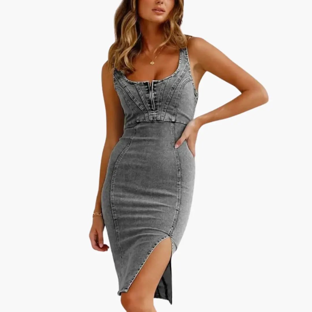 Women’s sleeveless denim midi dress with round neckline in grey wash, front leg slit