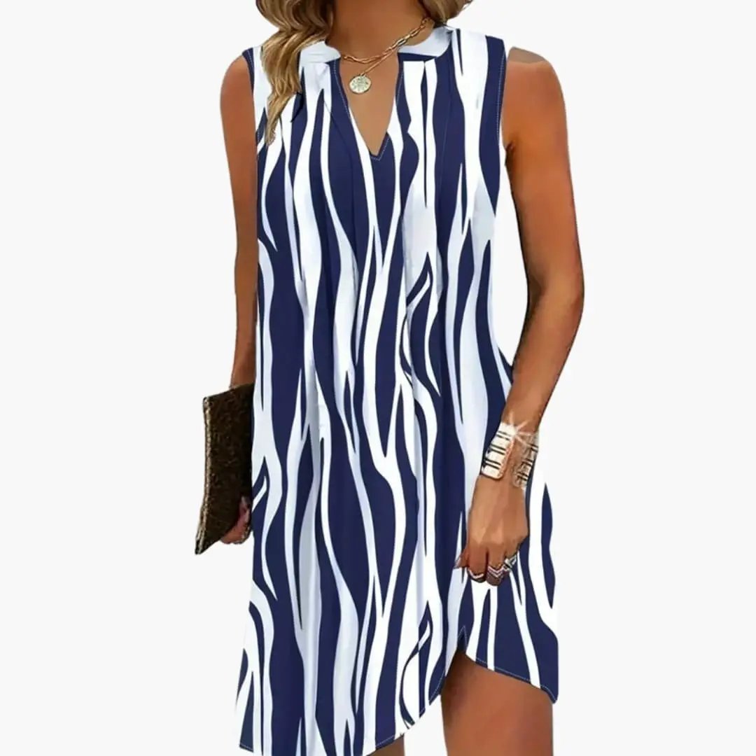 Women’s sleeveless striped mini dress by Wilfred Smith in navy and white with round neck