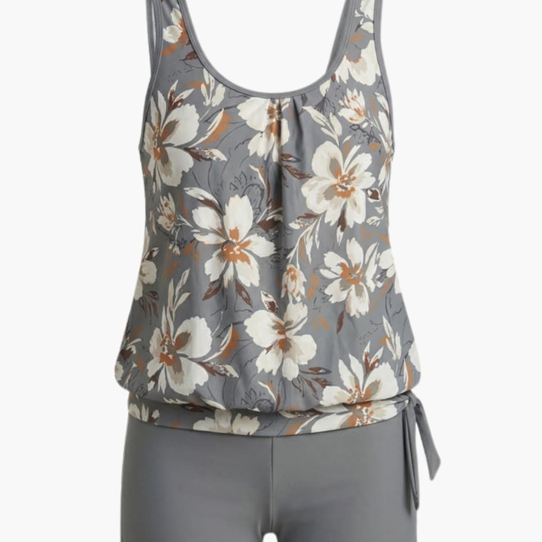 Women’s Sleeveless Tankini Set by Wilfred Smith, gray floral two-piece swimsuit with side tie.