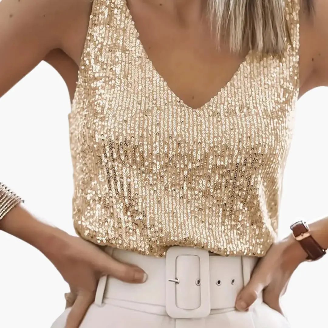 Women’s sleeveless sequin tank top in champagne gold with round neck