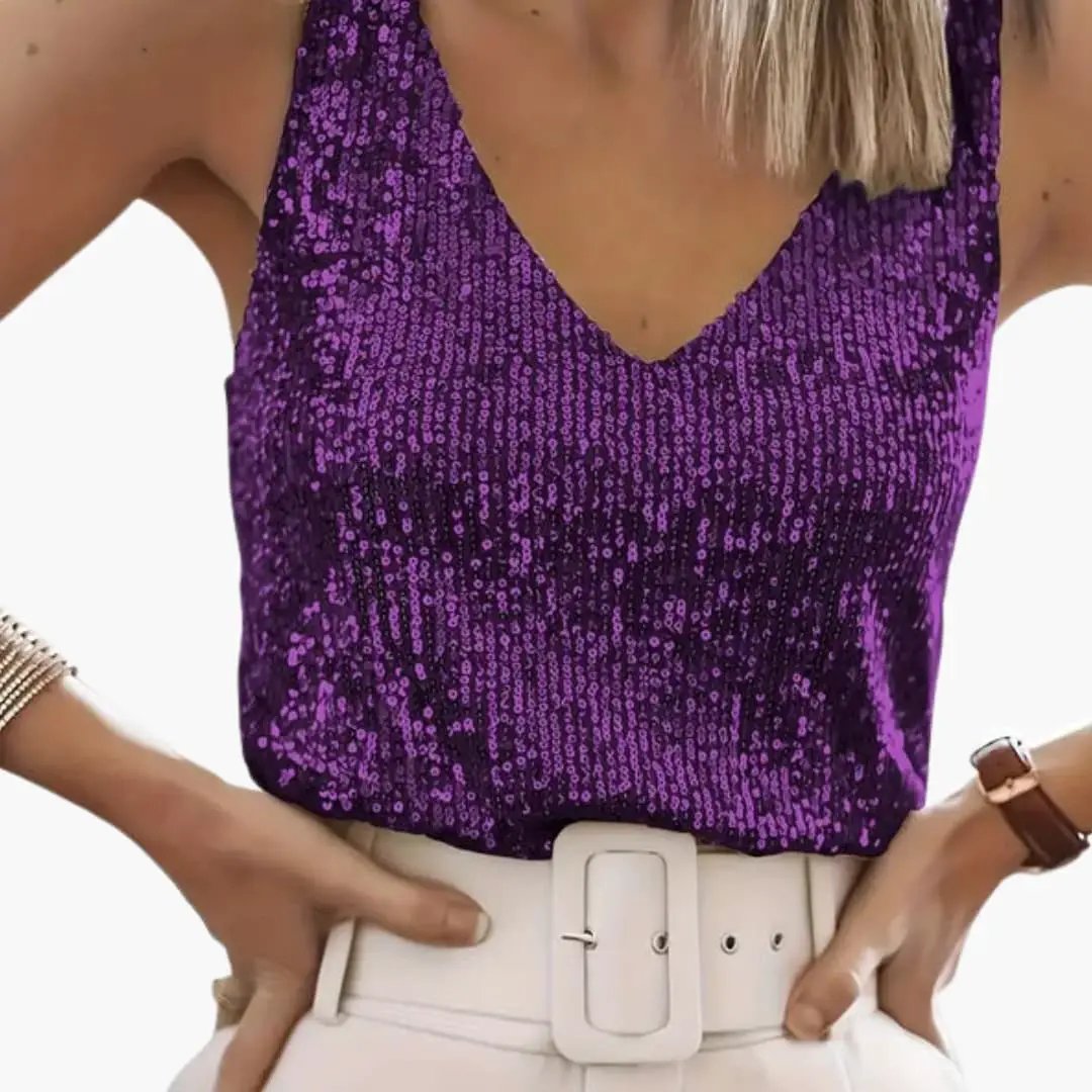 Women's sleeveless purple sequin tank top with a sparkly finish