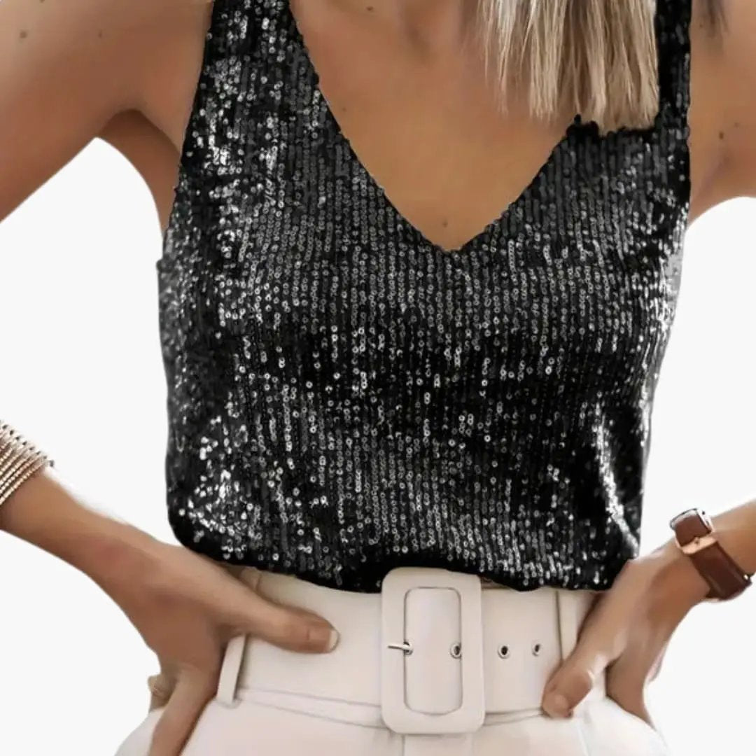 Women's sleeveless sequin top with round neckline in black