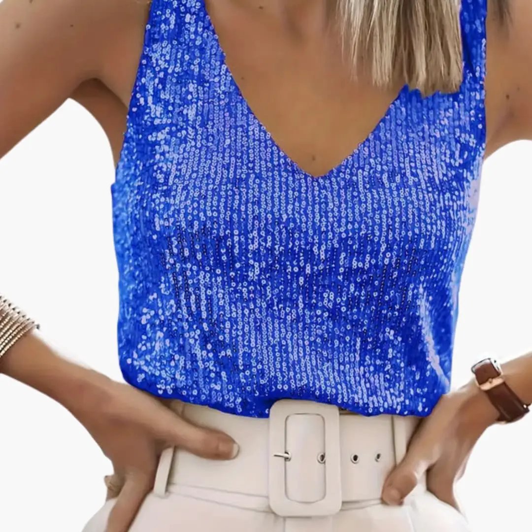 Women’s sleeveless sequin tank top in vibrant blue with a round neckline and shimmer finish