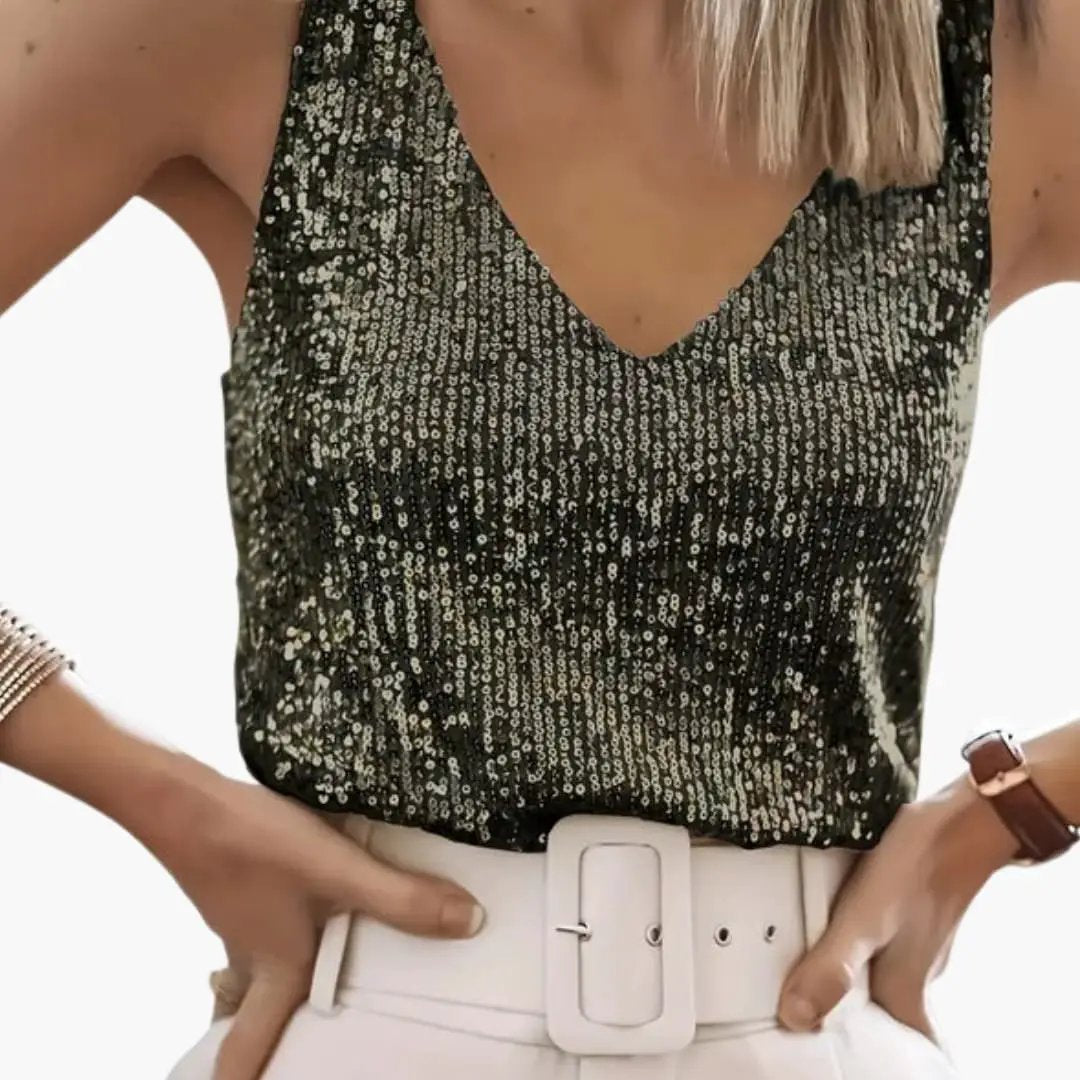 Women's sleeveless sequin tank top by Wilfred Smith, black with silver sequin detail