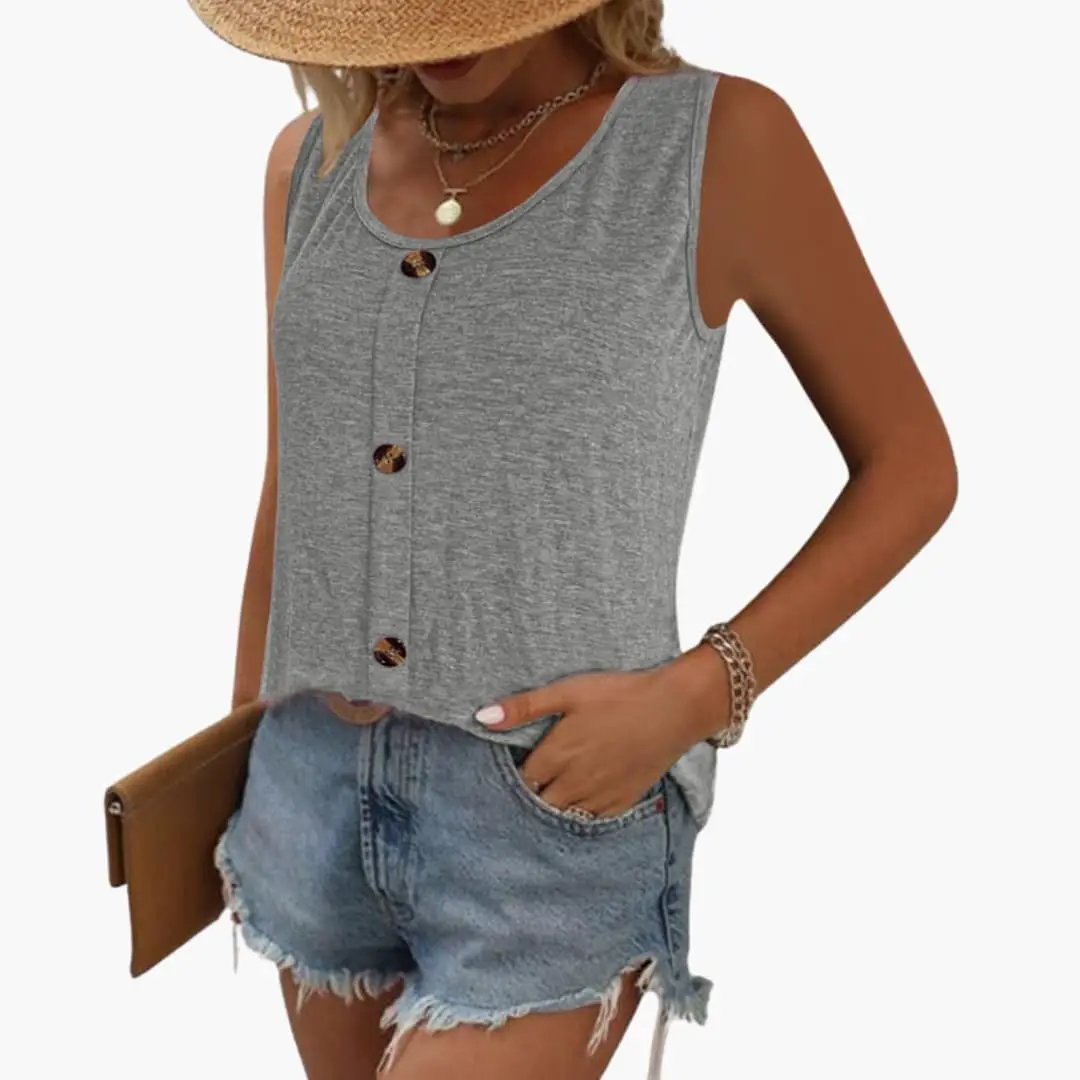 Women’s sleeveless top by Wilfred Smith in gray with decorative round buttons