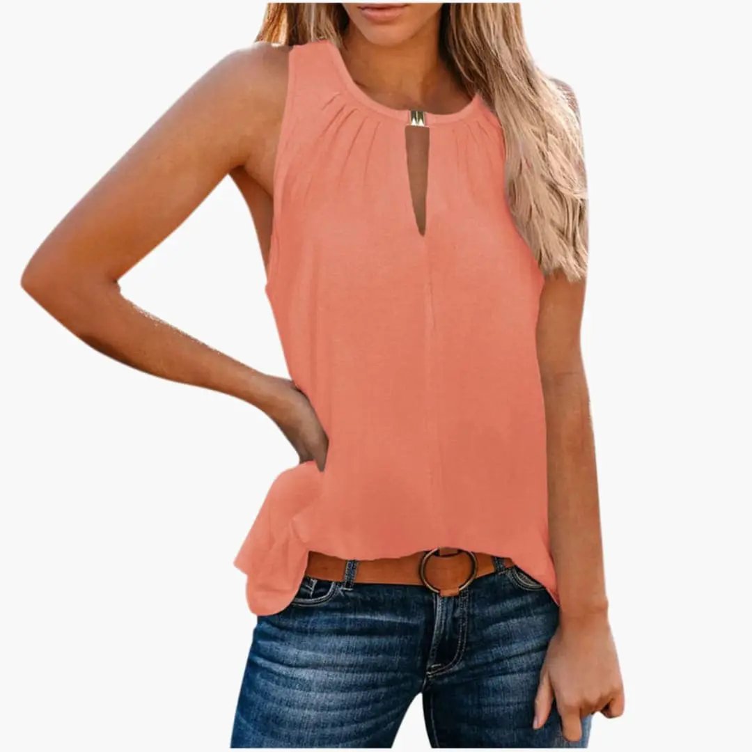 Women's sleeveless peach top with decorative pleated neckline and front keyhole detail.