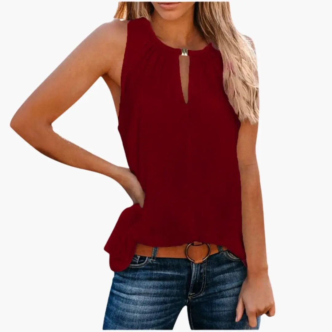 Women’s sleeveless burgundy tank top with decorative pleated neckline and keyhole detail