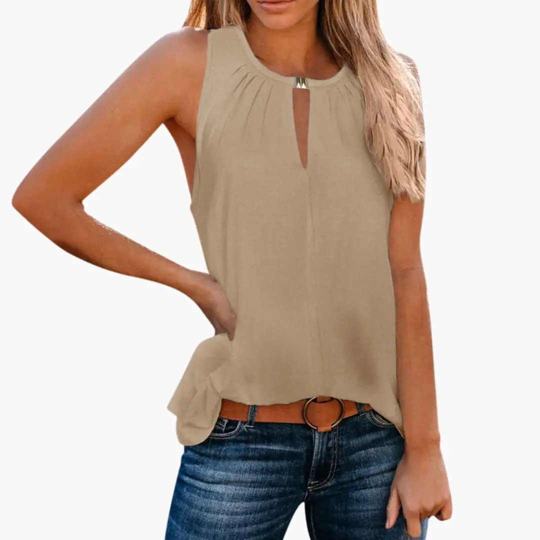 Wilfred Smith women's sleeveless tank top in beige with decorative pleated neckline