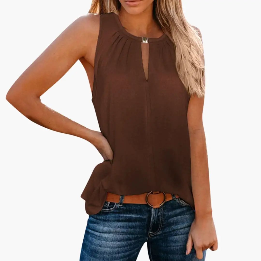 Wilfred Smith brown tank top with decorative pleated neckline and keyhole detail.