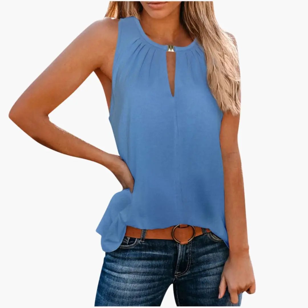 Women's sleeveless top in blue with decorative pleated neckline and keyhole detail