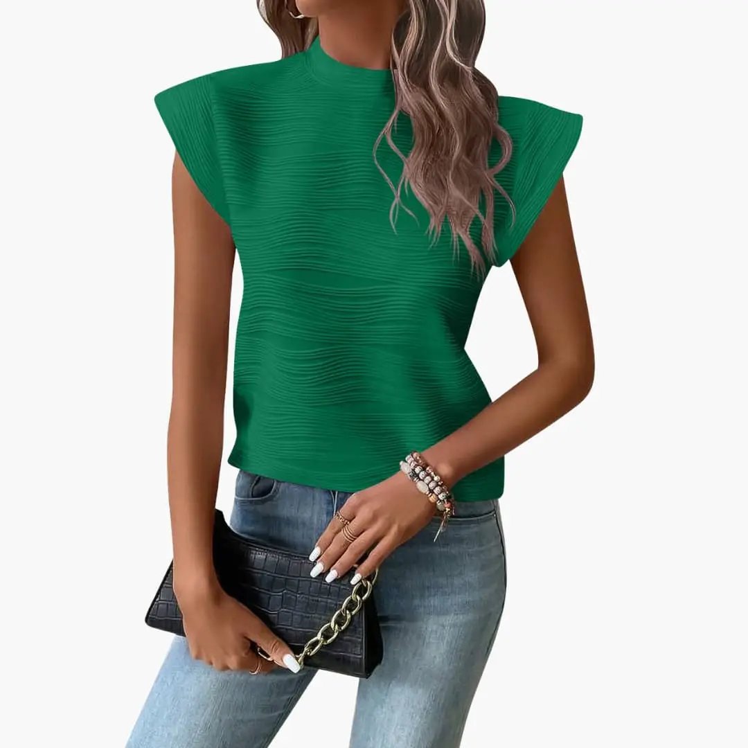 Women's sleeveless top in emerald green with a stand-up collar and structured textured lines.