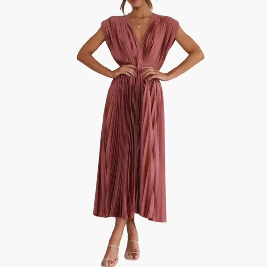 Women's sleeveless V-neck midi dress with a pleated skirt and defined waist in dusty rose.