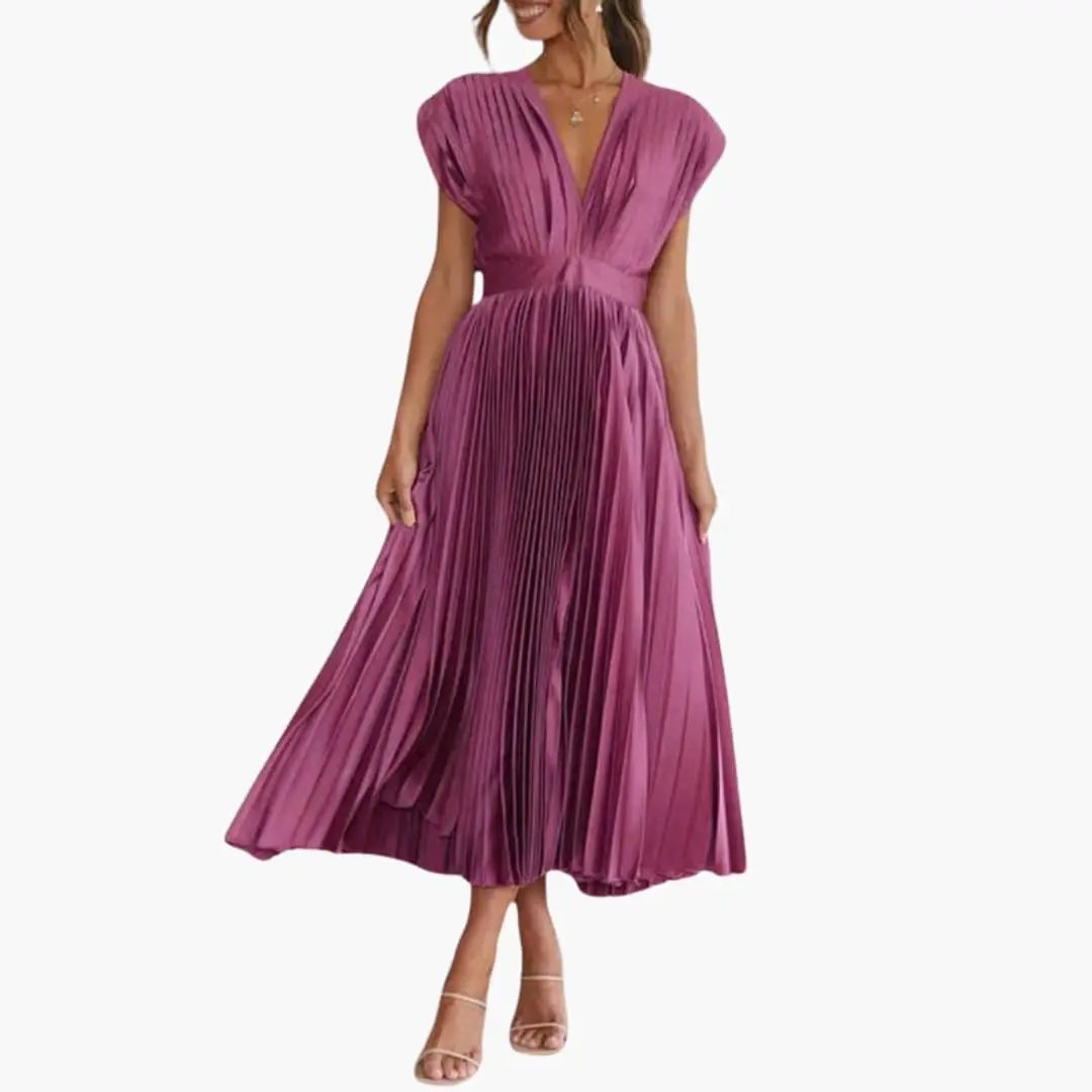 Wilfred Smith Women's Sleeveless V-Neck Midi Dress in magenta with pleated skirt and defined waist.