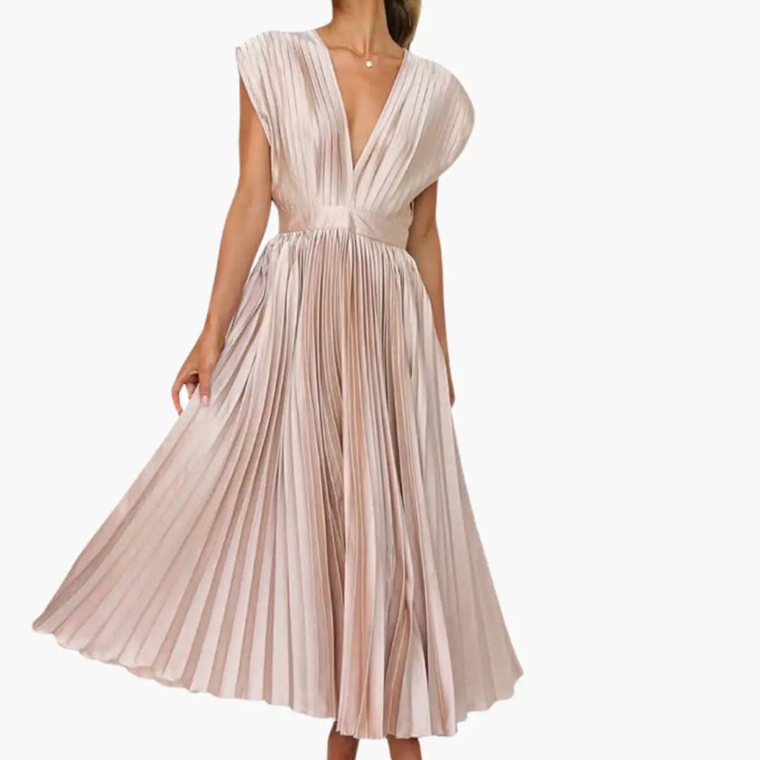Women's Midi Dress by Wilfred Smith in blush pink with V-neck, defined waist, and pleated skirt