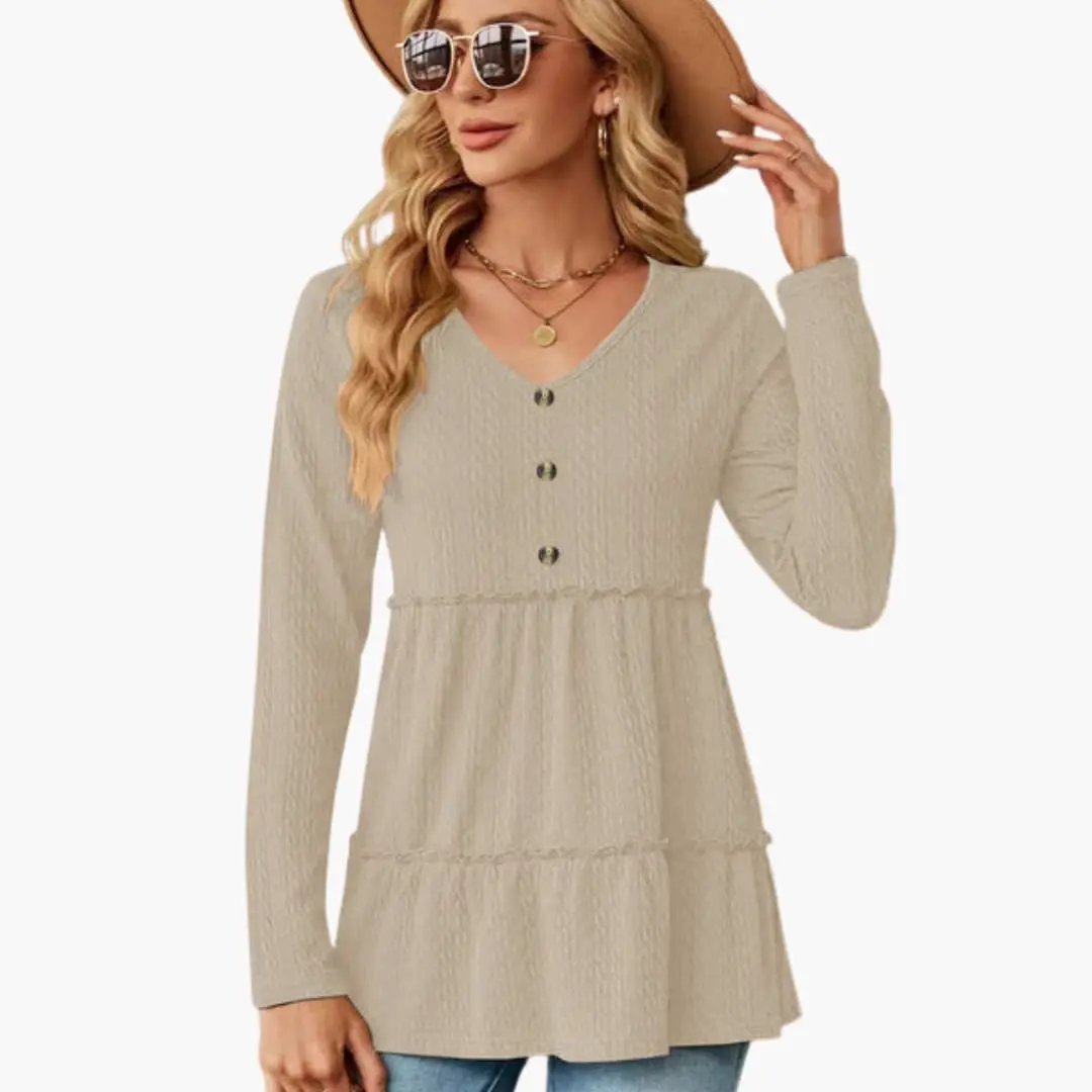 Women's tunic top by Wilfred Smith in beige, V-neck with button accents and flowing hem