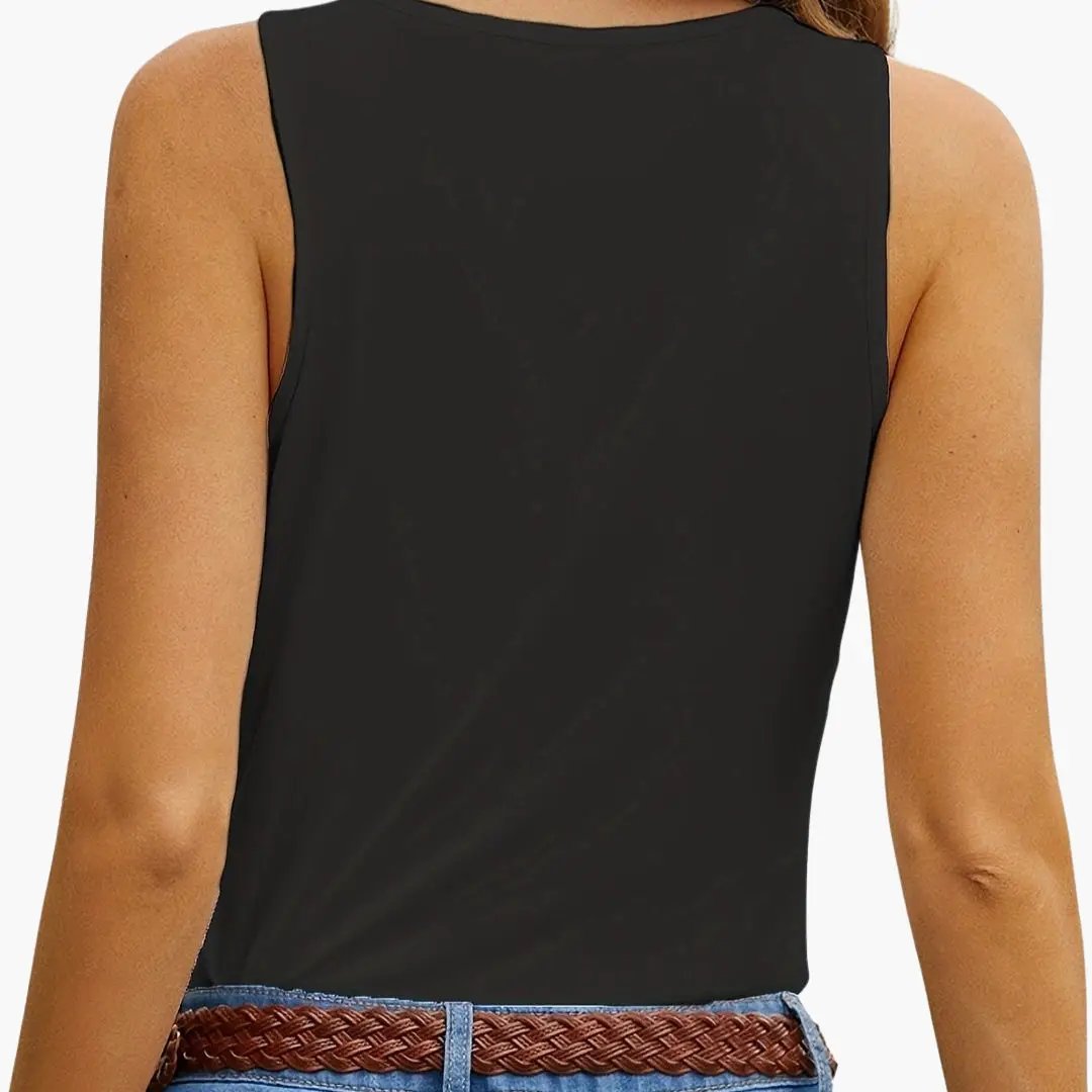 Black women's sleeveless tank top with a wavy hem, back view by Wilfred Smith