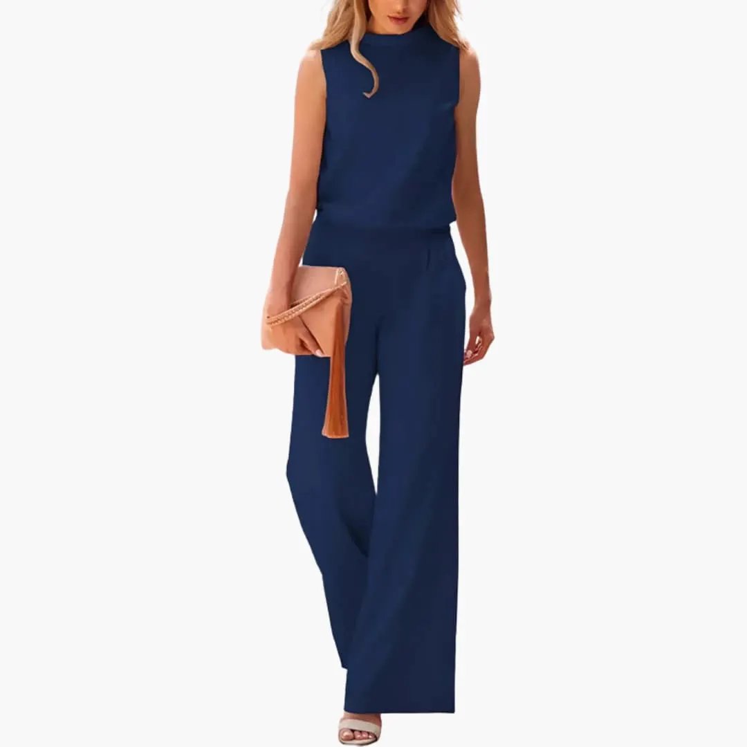 Women's sleeveless wide-leg jumpsuit by Wilfred Smith in navy, minimalist design