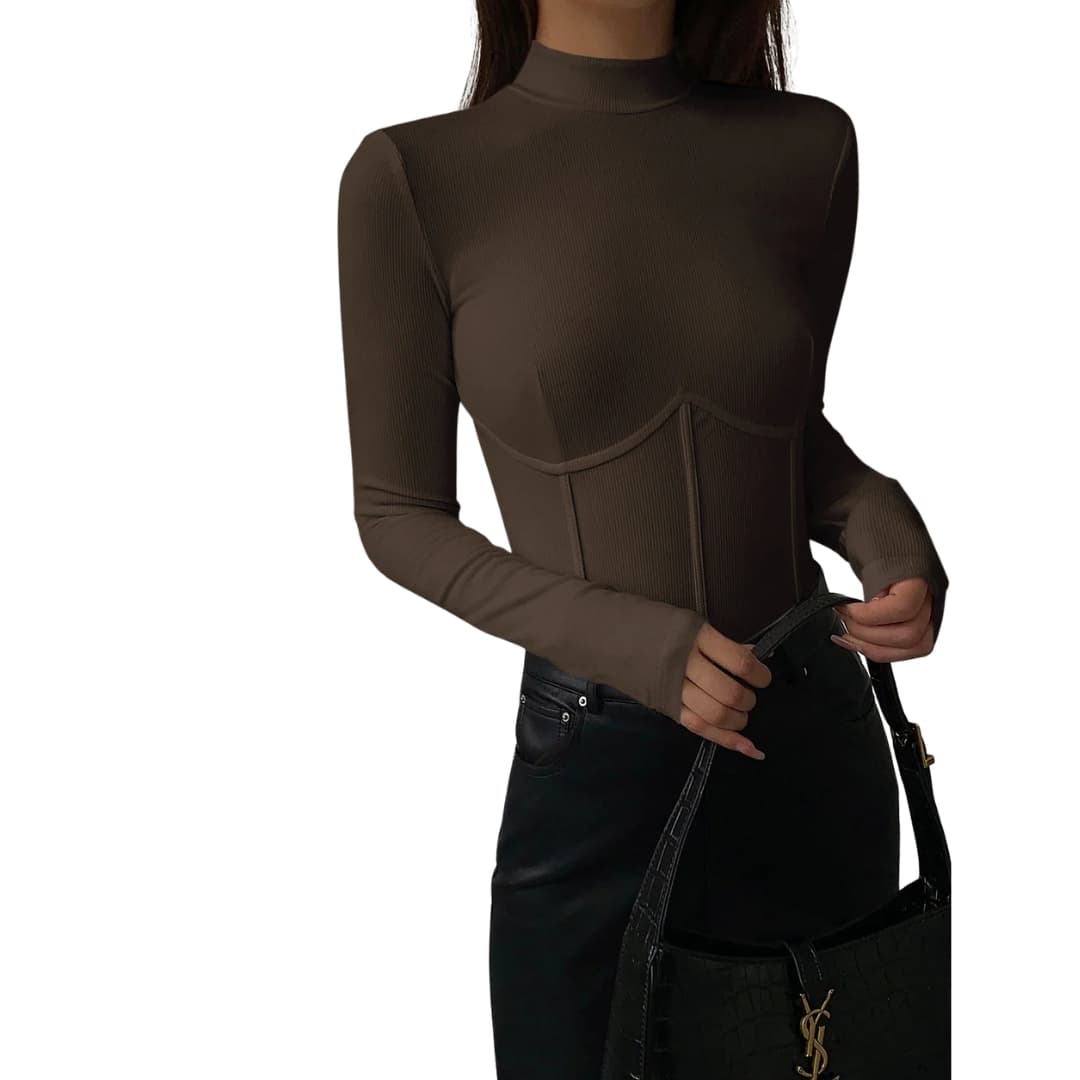 Women's Slim Fit Stand Collar Piped Short Sleeve T-Shirt, brown with curved seam detail