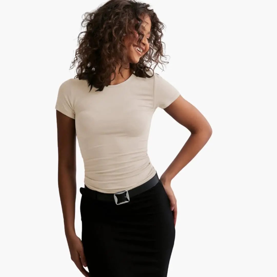 Wilfred Smith Women's Slim Fit T-Shirt, beige round-neck short-sleeve top