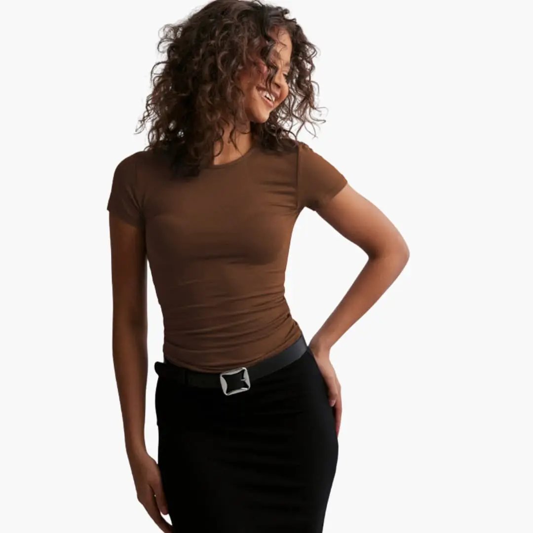 Women's brown slim-fit T-shirt with round neck and short sleeves