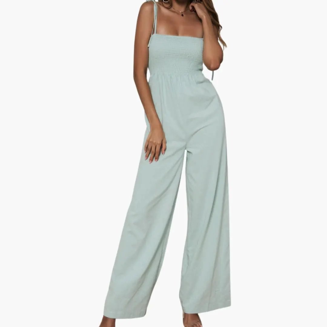 Women’s Jumpsuit by Wilfred Smith, light blue wide-leg one-piece with adjustable straps