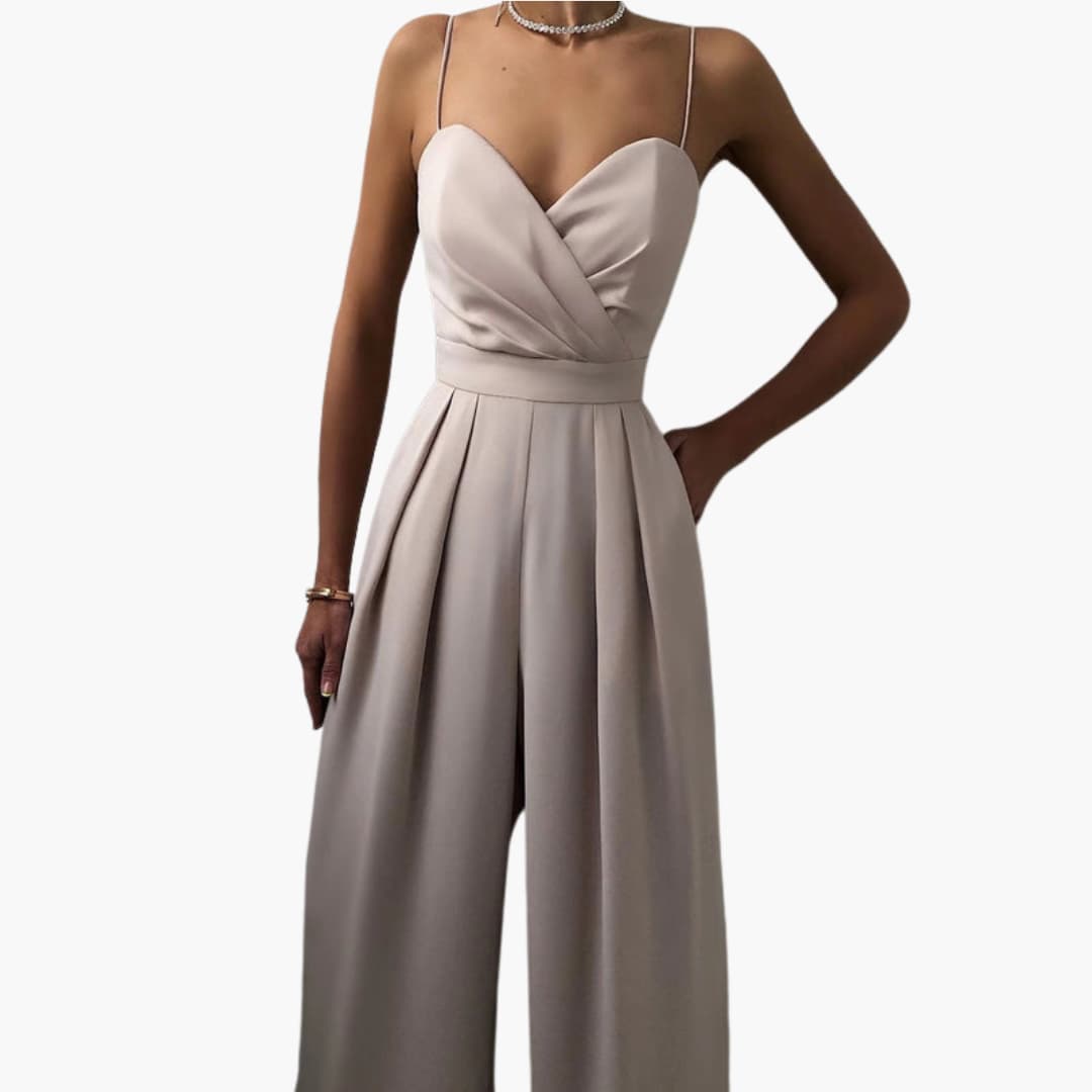 Women's Spaghetti Strap Wide-Leg Jumpsuit in beige with wrap bodice and thin straps