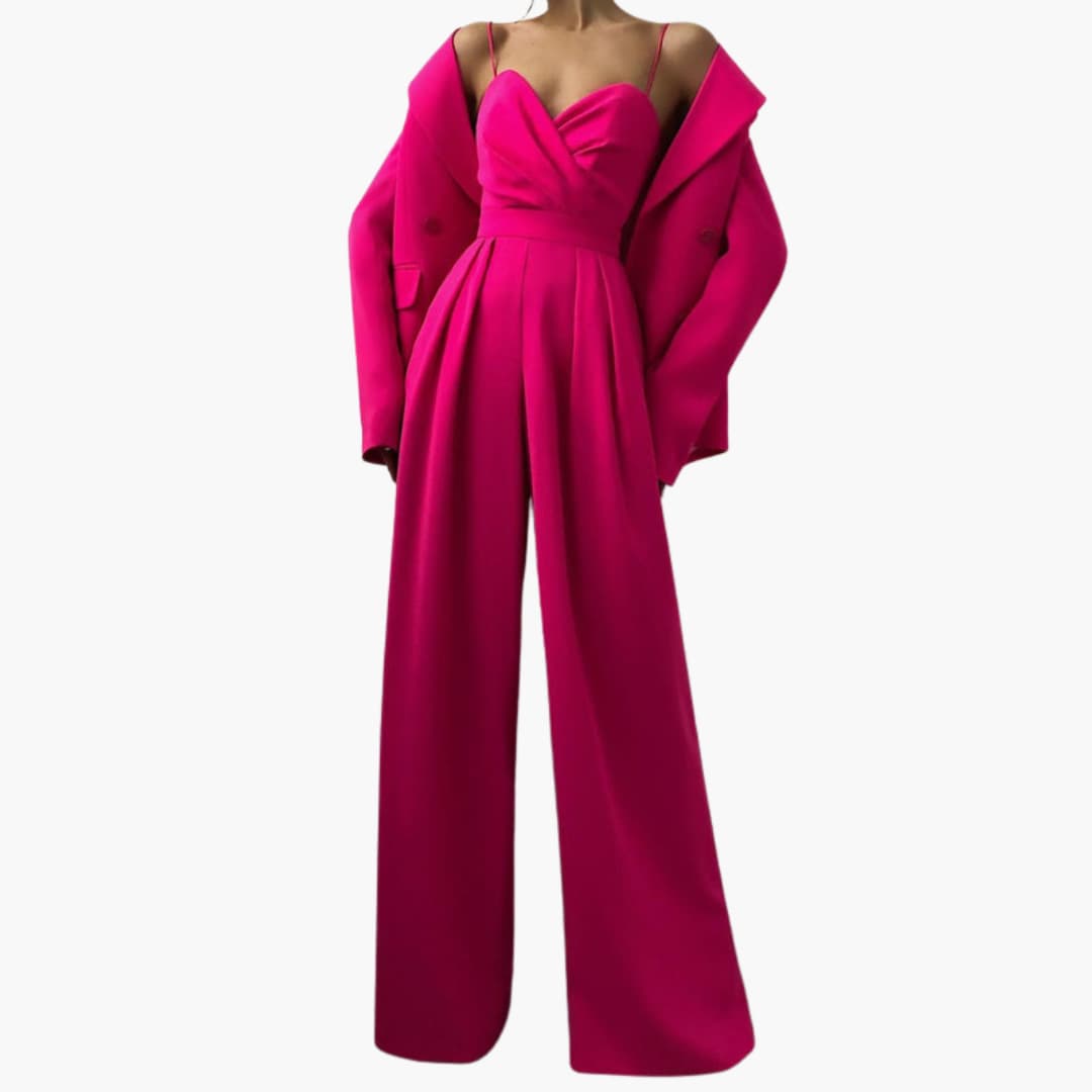 Women’s Spaghetti-Strap Wide-Leg Jumpsuit in bright magenta, a bold one-piece outfit.