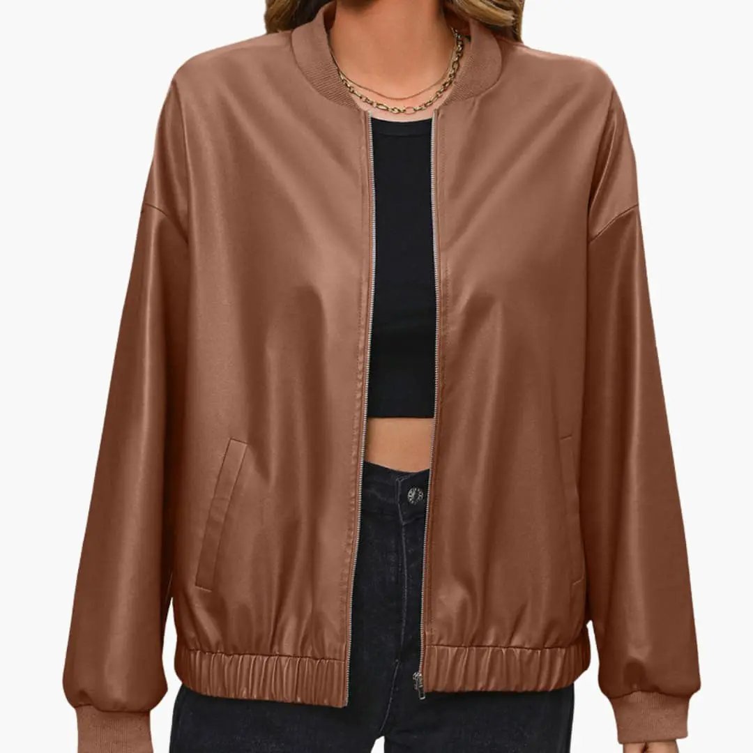 Women's Wilfred Smith bomber jacket in brown with elastic cuffs and front pockets