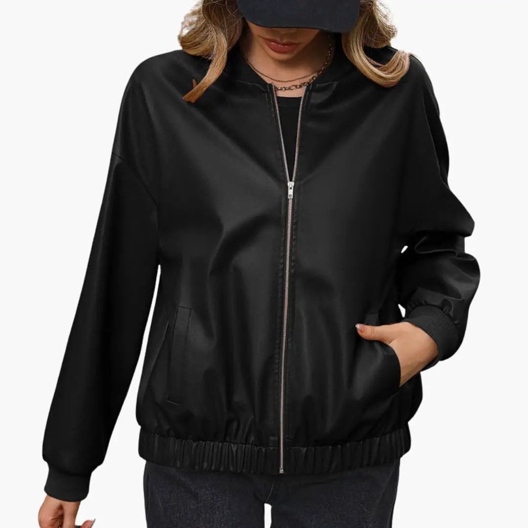 Women’s Sporty Bomber Jacket by Wilfred Smith in black with zip front, elastic cuffs, and functional pockets