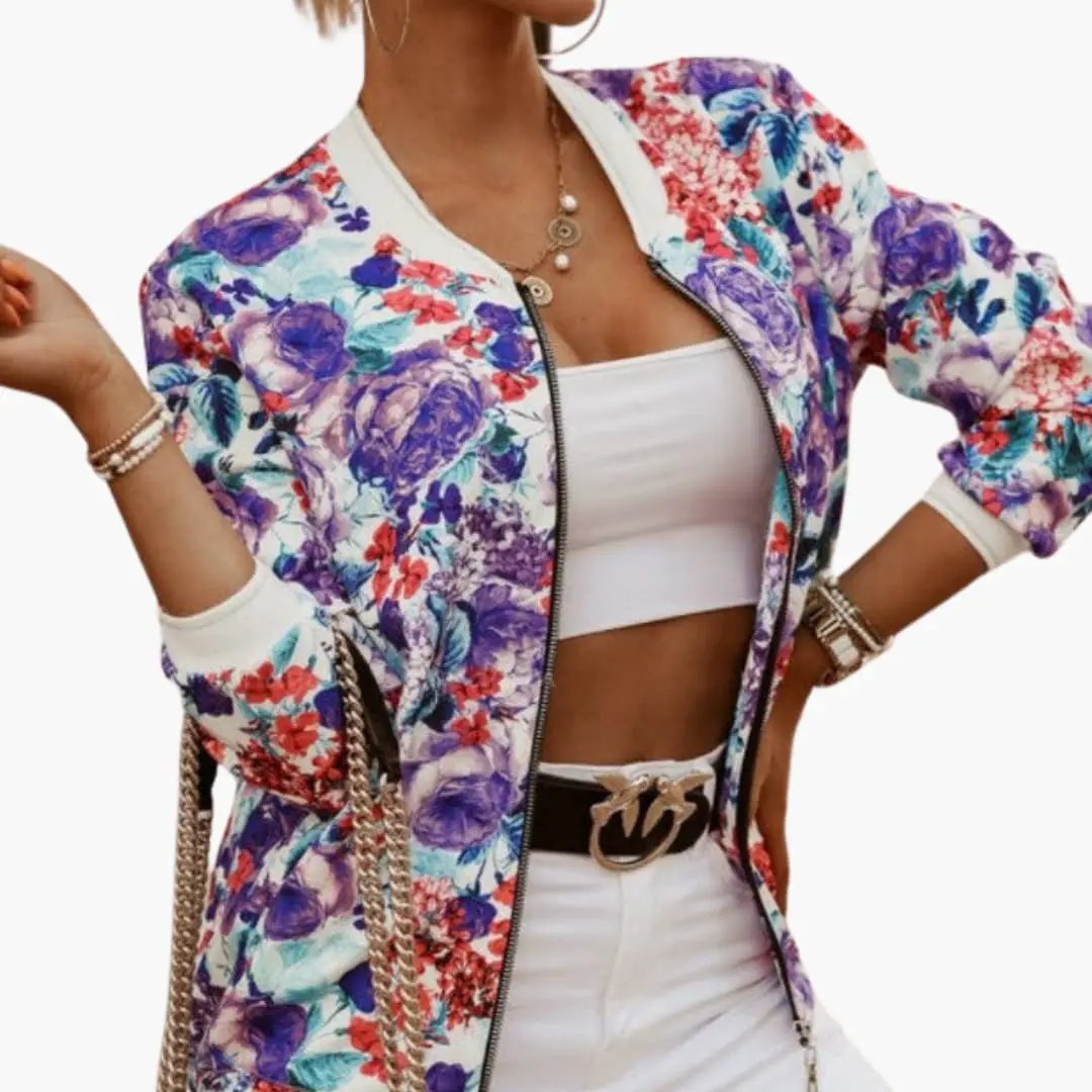 Women’s Sporty Bomber Jacket with purple floral print by Wilfred Smith, front zipper