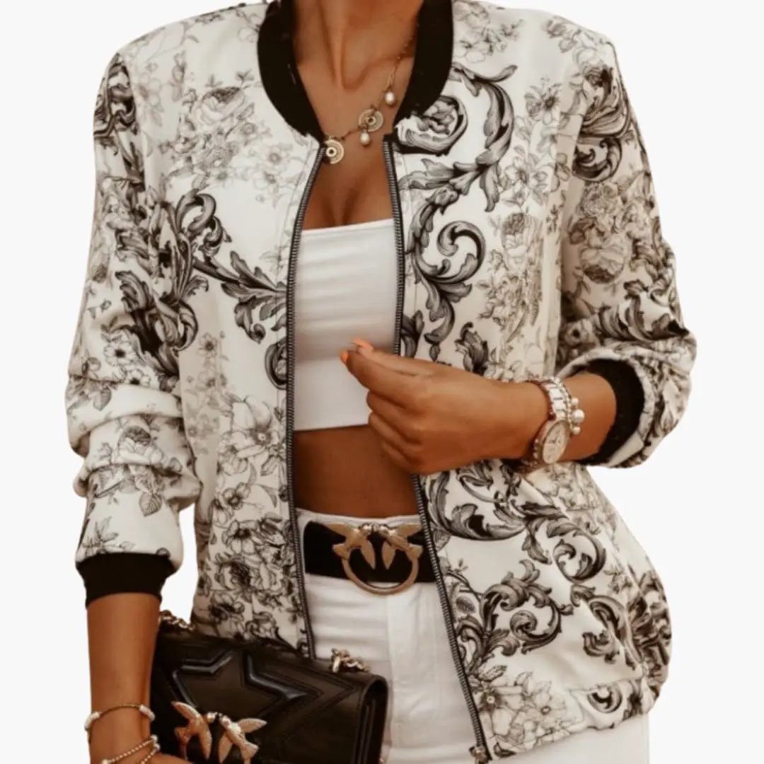Women's floral print bomber jacket with white base, front zipper and black rib trim.