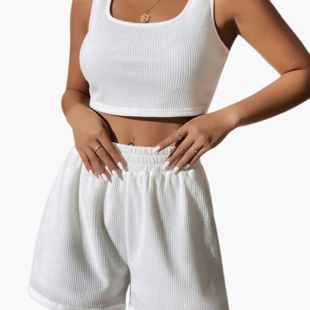 Wilfred Smith Women’s Sporty Crop Top and Shorts Set in white ribbed fabric with pockets