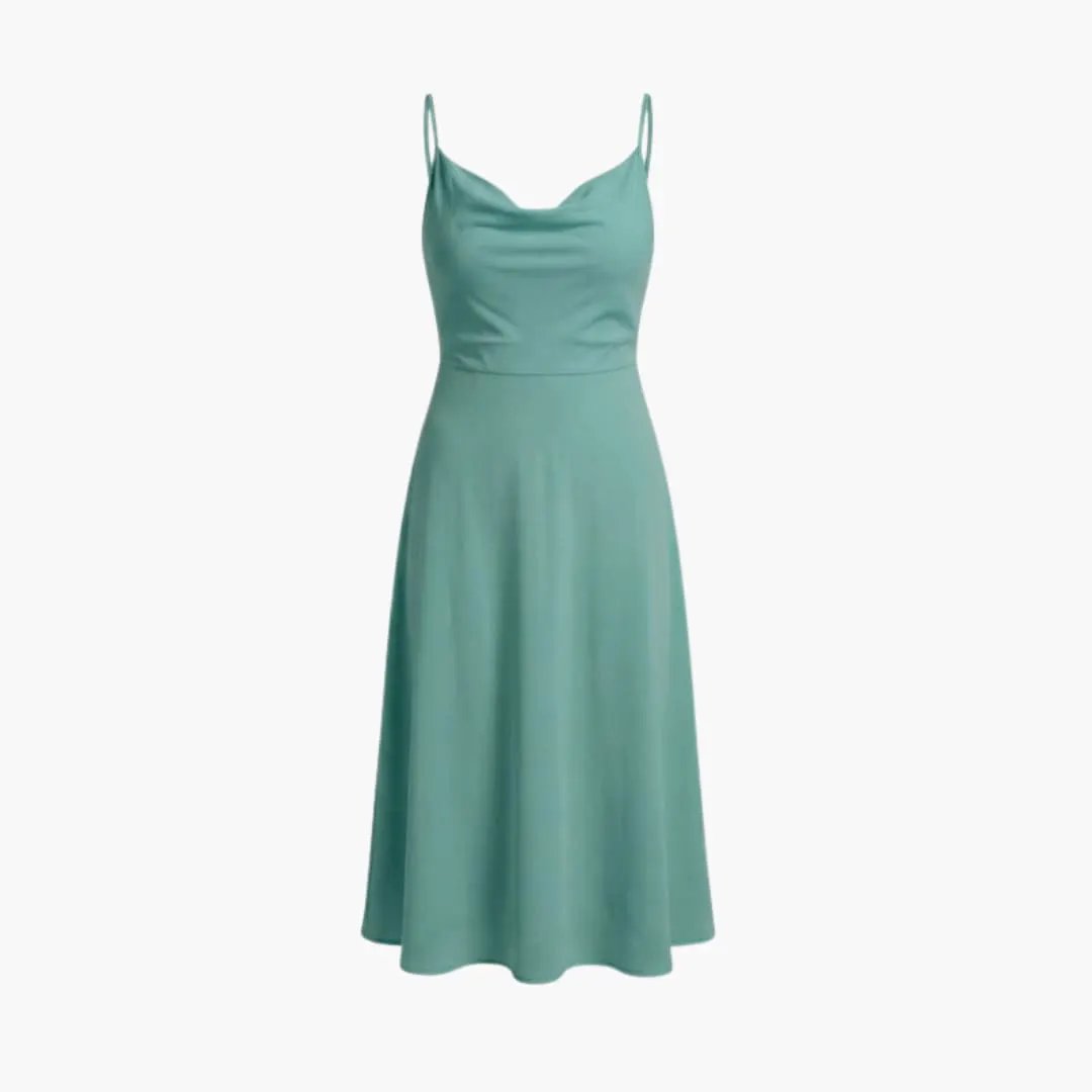 Women’s square-neck teal maxi dress with thin straps and a fitted waist.