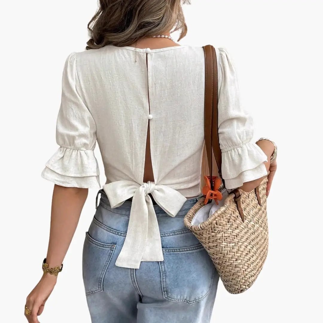 Women's Square Neck Puff Sleeve Crop Top in ivory with back keyhole and waist-tie bow detail