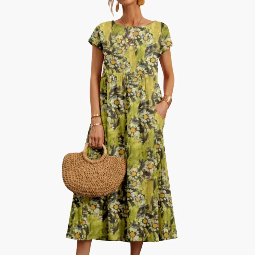 Wilfred Smith Women’s Midi Dress green floral print with daisies, short sleeves, round neck, pockets