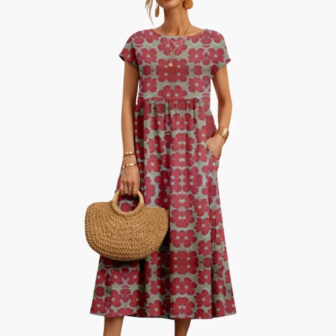Wilfred Smith women's midi dress, straight-cut with short sleeves and round neck, red and green floral print