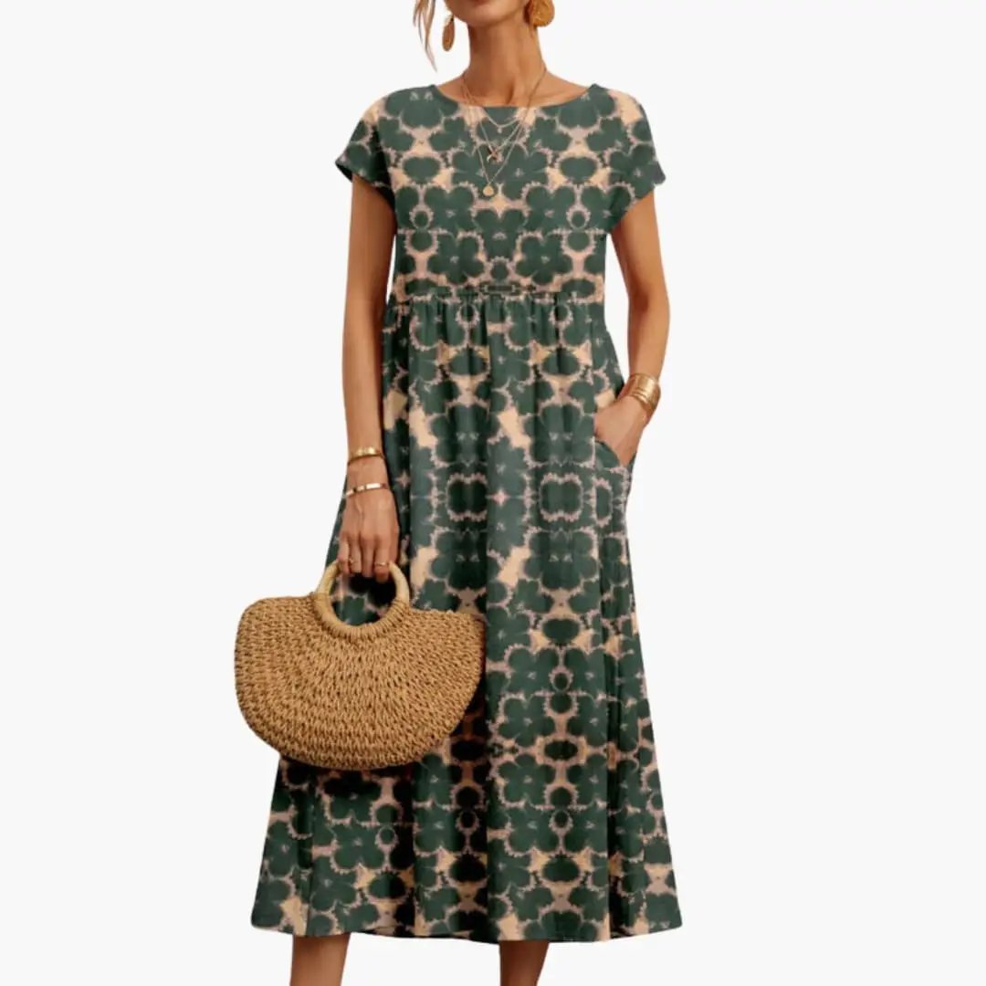 Women’s straight-cut midi dress with short sleeves and round neck in green-beige tie-dye print with pockets.